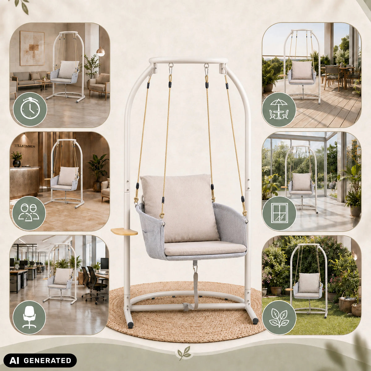 Sedia sospesa Skylo beige con struttura bianca e cuscino in diverse ambientazioni di hjh LIVING (immagine generata dall’IA)