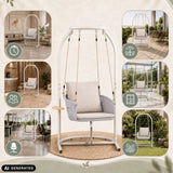 Sedia sospesa Skylo beige con struttura bianca e cuscino in diverse ambientazioni di hjh LIVING (immagine generata dall’IA)