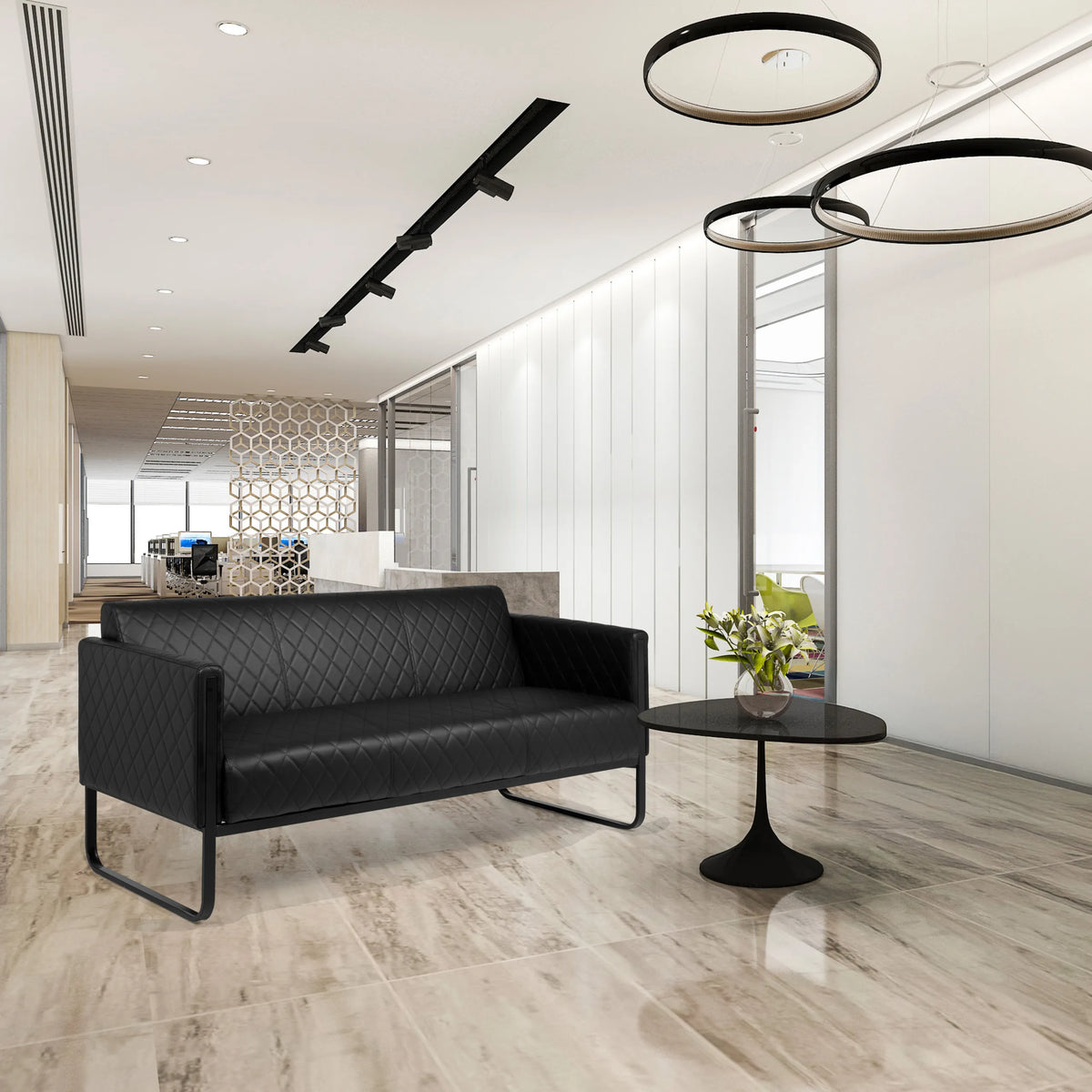 Sofà lounge ARUBA BLACK nero a 3 posti con imbottitura trapuntata e sottili piedi in metallo di hjh OFFICE