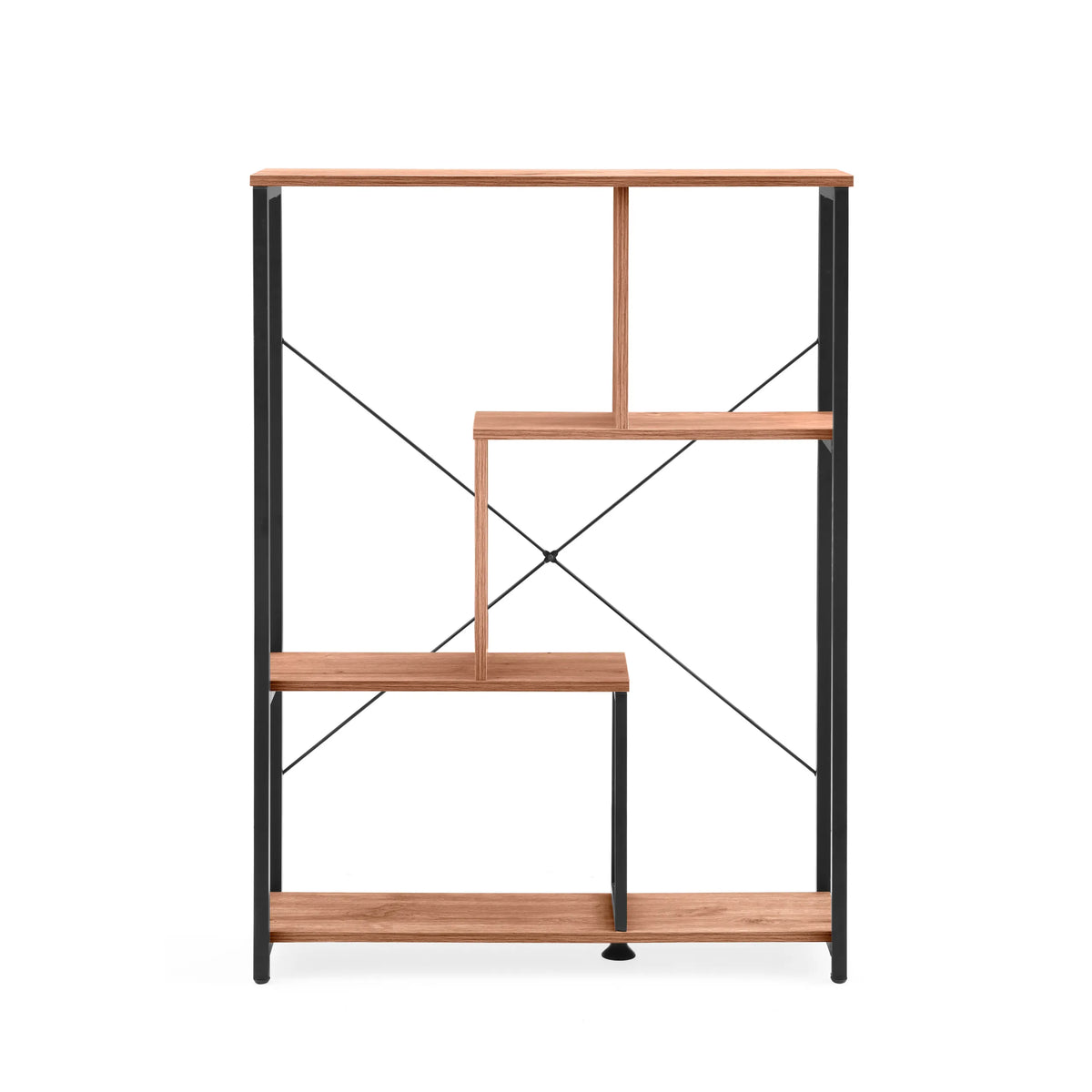 Scaffale Kalag Eco in nero e rovere con ripiani asimmetrici e crociera di hjh LIVING – vista a 360° (vista frontale 0°)