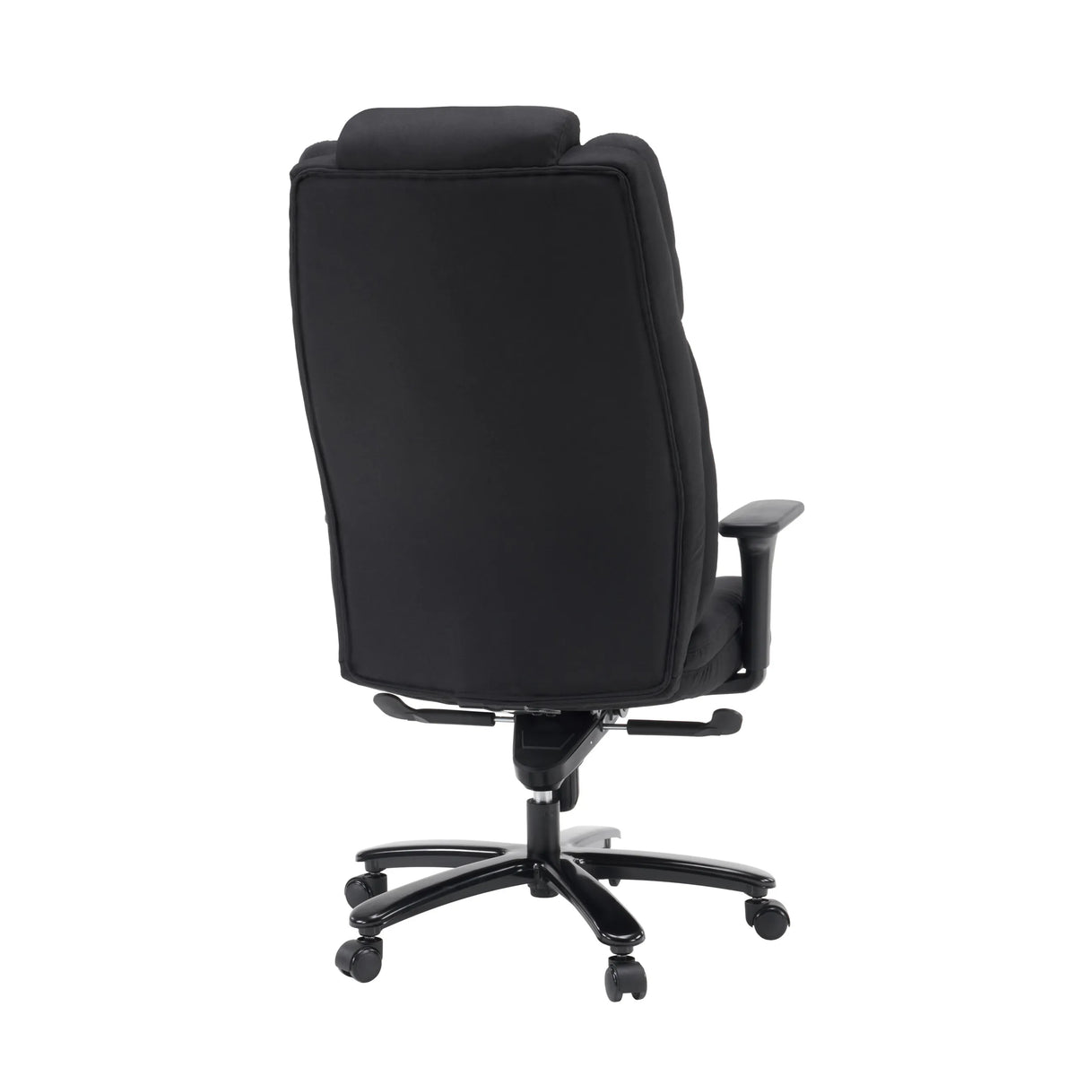 Vista posteriore della sedia girevole XXL Pullmann Gen2 nera con rivestimento in tessuto e cinque rotelle di hjh OFFICE