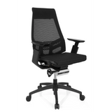 Sedia da ufficio professionale GENIDIA SMART BLACK nera con schienale in rete e base a cinque ruote di hjh OFFICE – vista a 360° (vista frontale a tre quarti 40°)