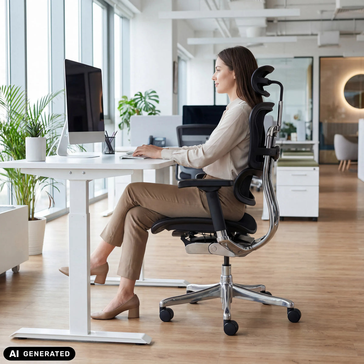 Poltrona di lusso ERGOHUMAN GEN2 con poggiatesta e rete in nero di hjh OFFICE (immagine generata dall’IA)