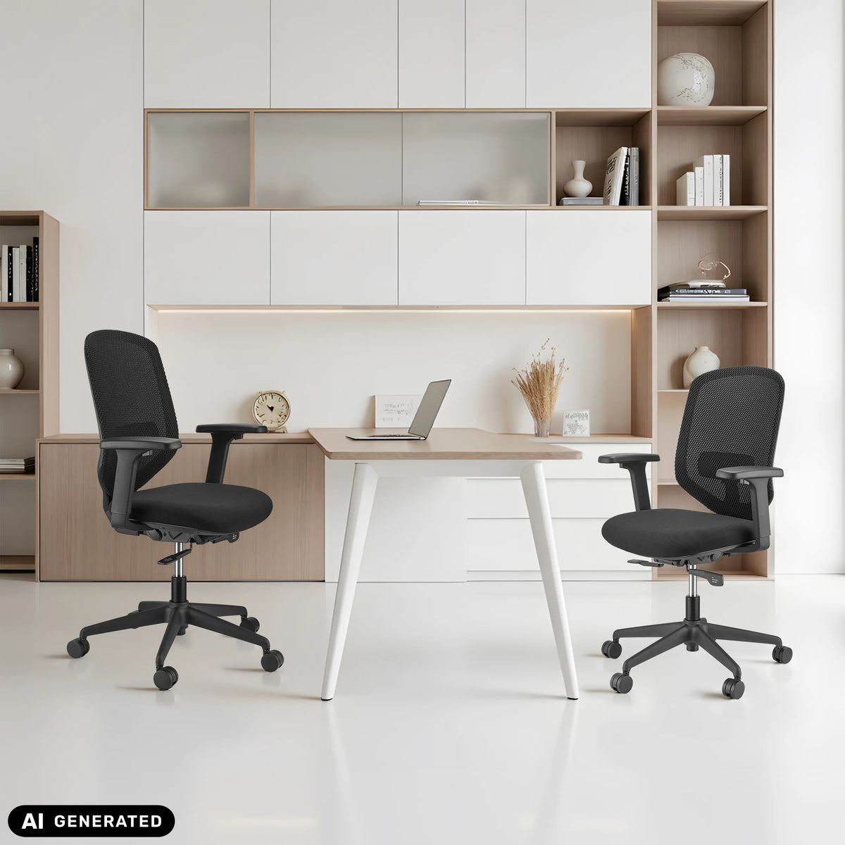 Due sedie da ufficio professionali Delvia nere a una scrivania davanti a un sistema di scaffalature di hjh OFFICE (immagine generata dall’IA)