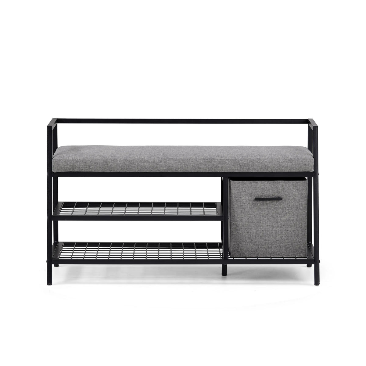 Scarpiera Estha Loft nero-grigia con cuscino per sedersi, due ripiani e un contenitore in tessuto di hjh LIVING – vista a 360° (vista frontale 0°)