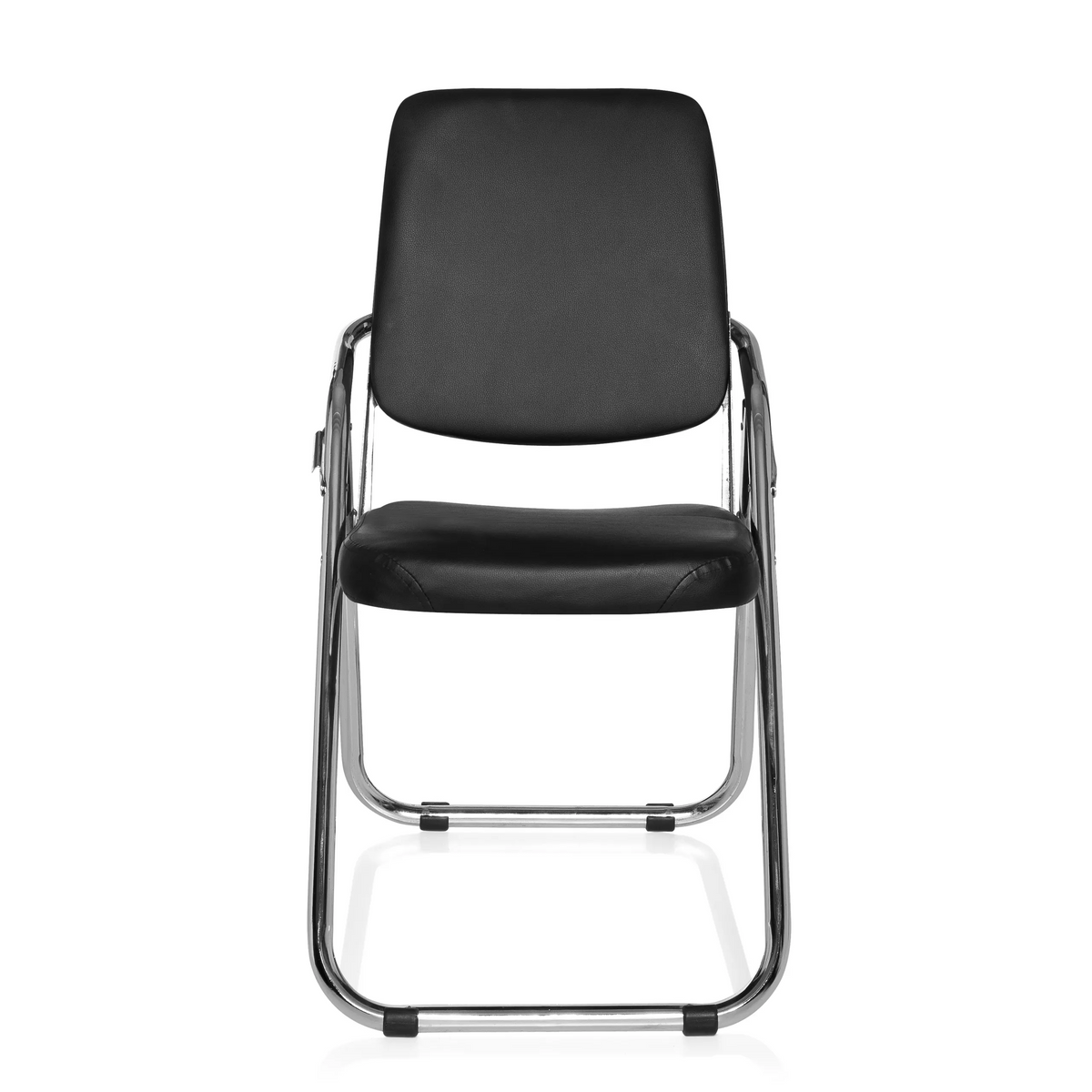 Sedia pieghevole ESTO nera con rivestimento in ecopelle e struttura cromata di hjh OFFICE – vista a 360° (vista frontale 0°)