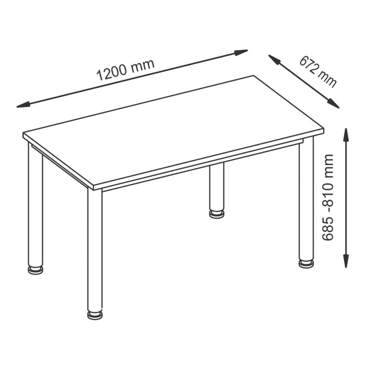 Disegno tecnico della scrivania HILO 612 S con dimensioni 1200 x 672 mm e un'altezza di 685-810 mm di hjh OFFICE PRO