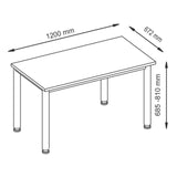 Disegno tecnico della scrivania HILO 612 S con dimensioni 1200 x 672 mm e un'altezza di 685-810 mm di hjh OFFICE PRO