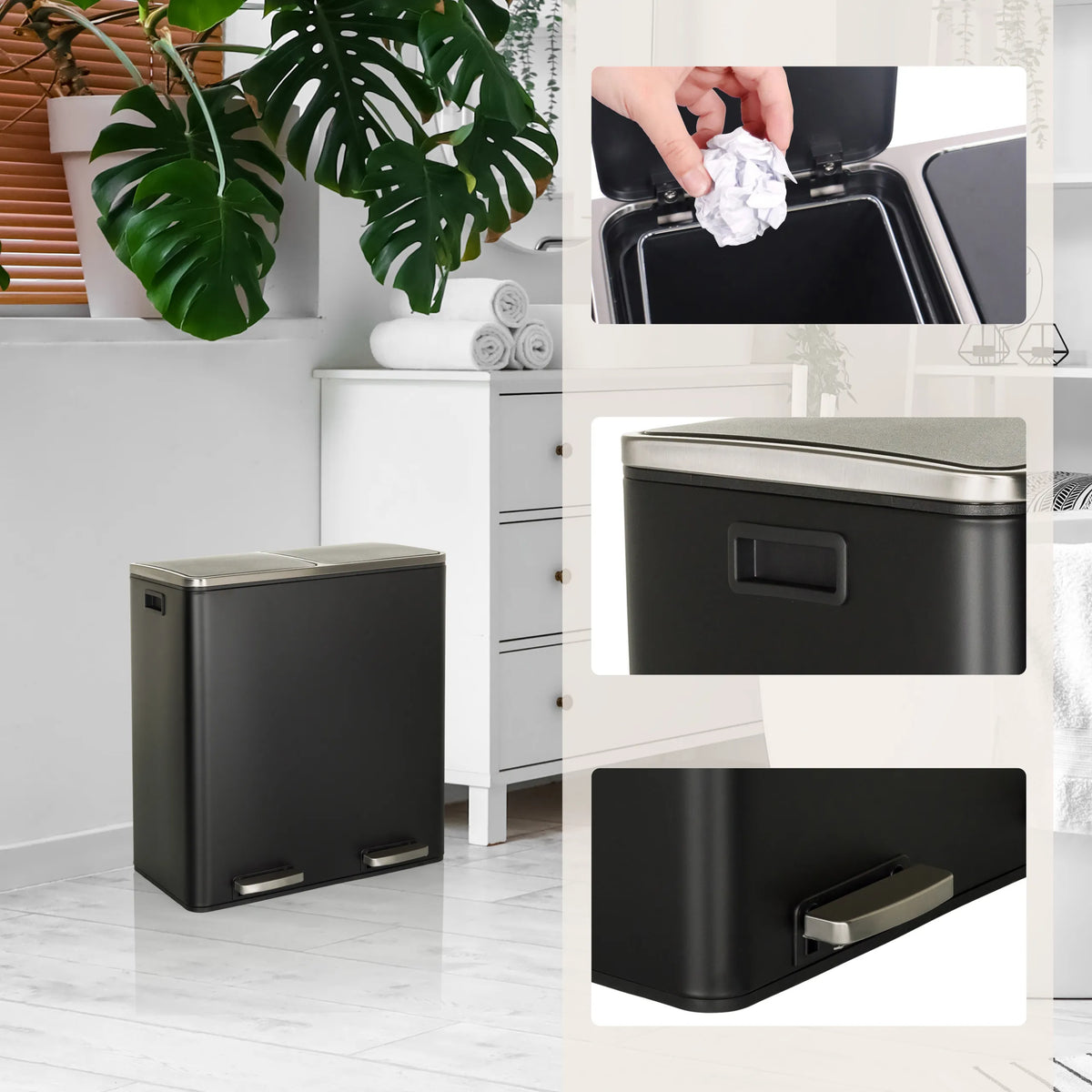 Cestino nero CLEAN XI con coperchio argento, maniglie e apertura di hjh OFFICE