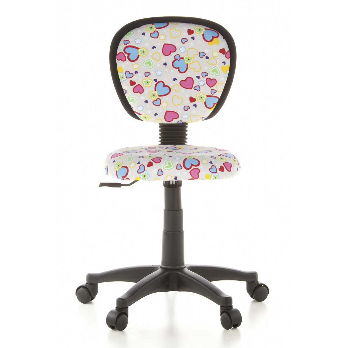 Kinderdrehstuhl KIDDY TOP mit buntem Herz- und Blumenmuster sowie Fußkreuz mit fünf Rollen von hjh OFFICE – 360-Grad-Ansicht (Frontansicht 0°)