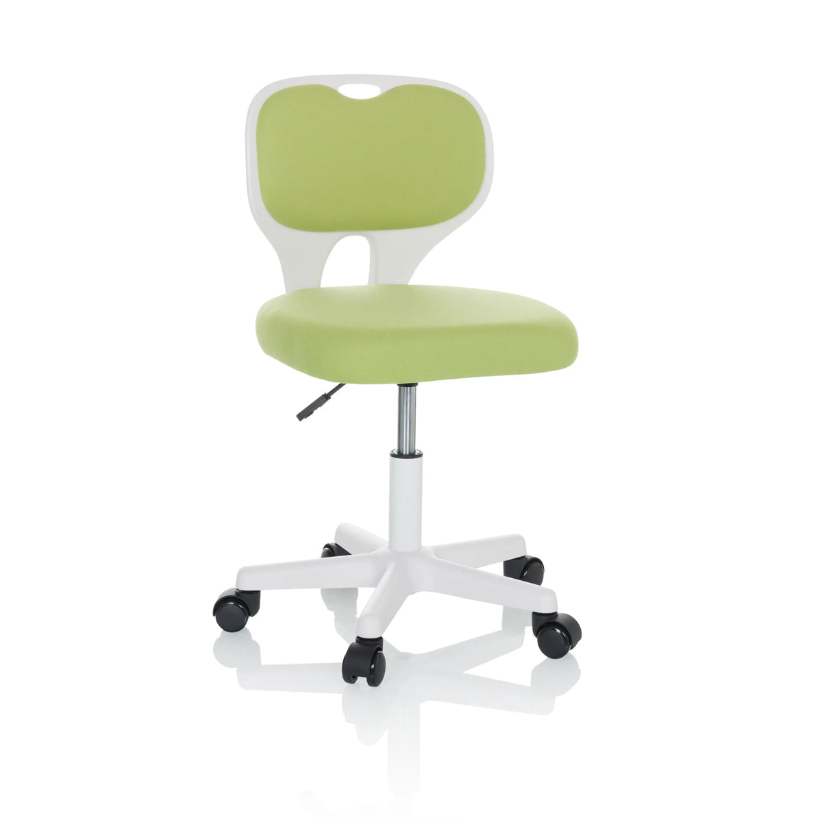 Sedia girevole per bambini KIDDY TOP W verde con struttura bianca e base a cinque ruote di hjh OFFICE – vista a 360° (vista frontale 15°)