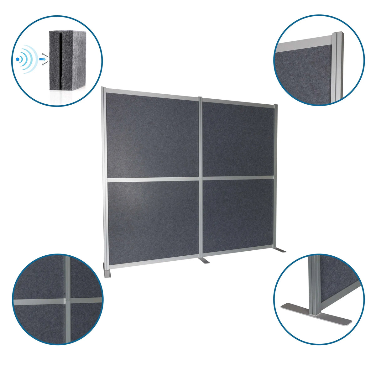 Pareti divisorie FLEXMIUT MODUL grigie con telaio in alluminio, piede a T e imbottitura fonoassorbente di hjh OFFICE