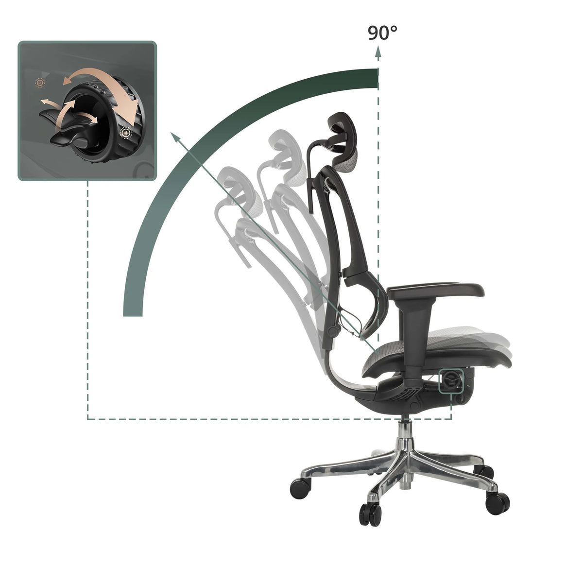 Schienale regolabile della poltrona di lusso ERGOHUMAN SLIM ULTRA GEN2 con un angolo di inclinazione di 90° di hjh OFFICE