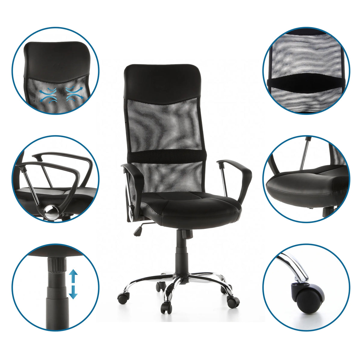Poltrona Home Office ARTON 20 in nero con schienale in rete e viste dettagliate di hjh OFFICE
