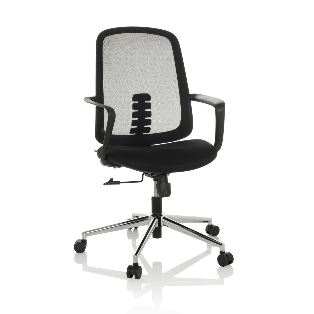 Sedia Home Office SEDIOLO B nera con schienale in rete e base a cinque ruote di hjh OFFICE – vista a 360° (vista frontale a tre quarti 30°)