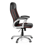 Sedia da gaming RELAX AB100 nera con cuciture decorative rosse, trapuntatura e base a cinque ruote di MyBuero – vista a 360° (profilo laterale 80°)