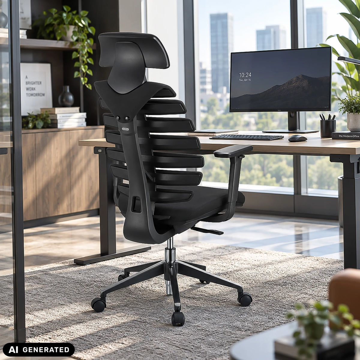 Sedia da ufficio professionale ERGO LINE II PRO nera con schienale in rete e poggiatesta di hjh OFFICE (immagine generata dall’IA)