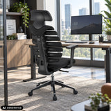 Sedia da ufficio professionale ERGO LINE II PRO nera con schienale in rete e poggiatesta di hjh OFFICE (immagine generata dall’IA)