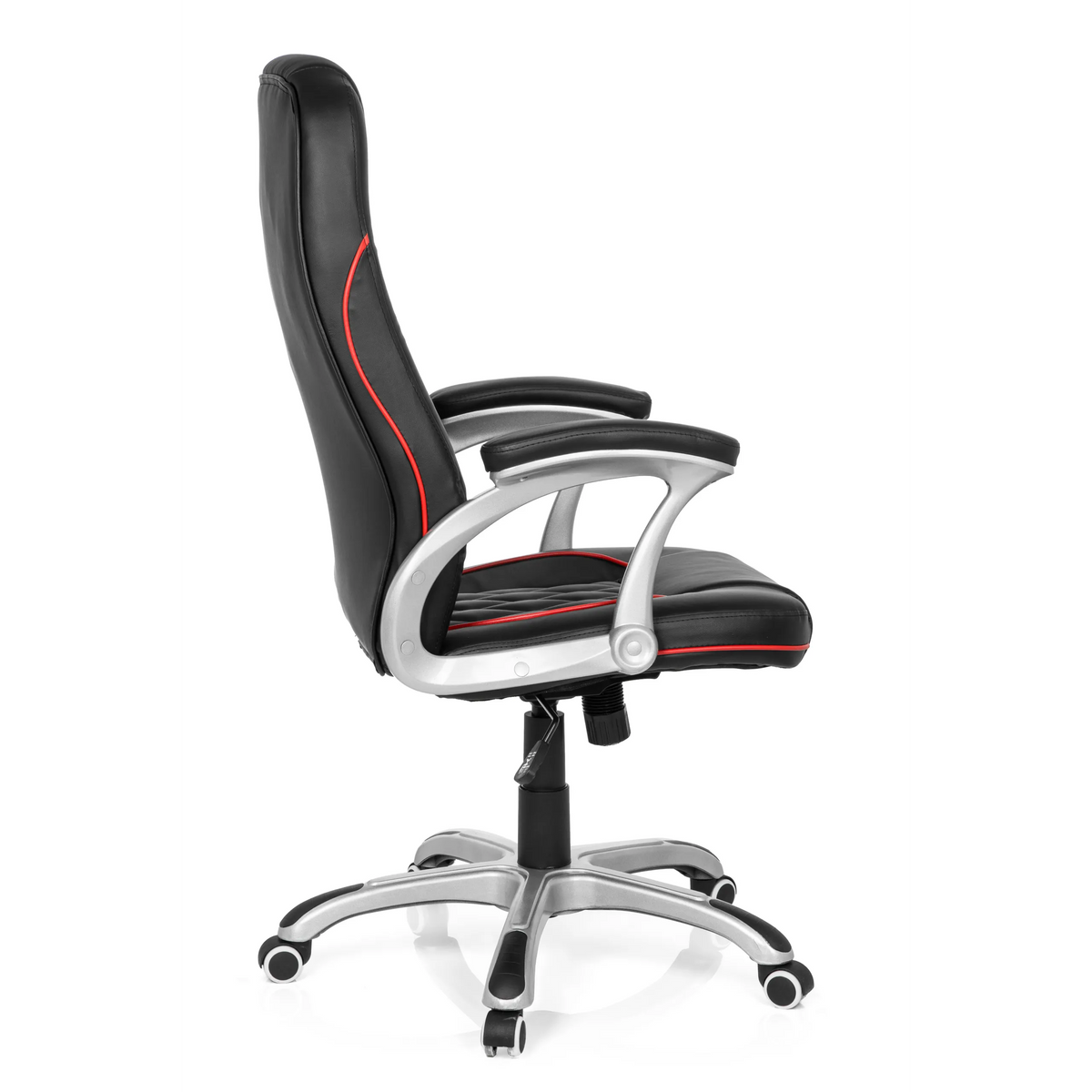 Sedia da gaming RELAX AB100 nera con cuciture decorative rosse, trapuntatura e base a cinque ruote di MyBuero – vista a 360° (profilo laterale 100°)