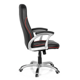 Sedia da gaming RELAX AB100 nera con cuciture decorative rosse, trapuntatura e base a cinque ruote di MyBuero – vista a 360° (profilo laterale 100°)