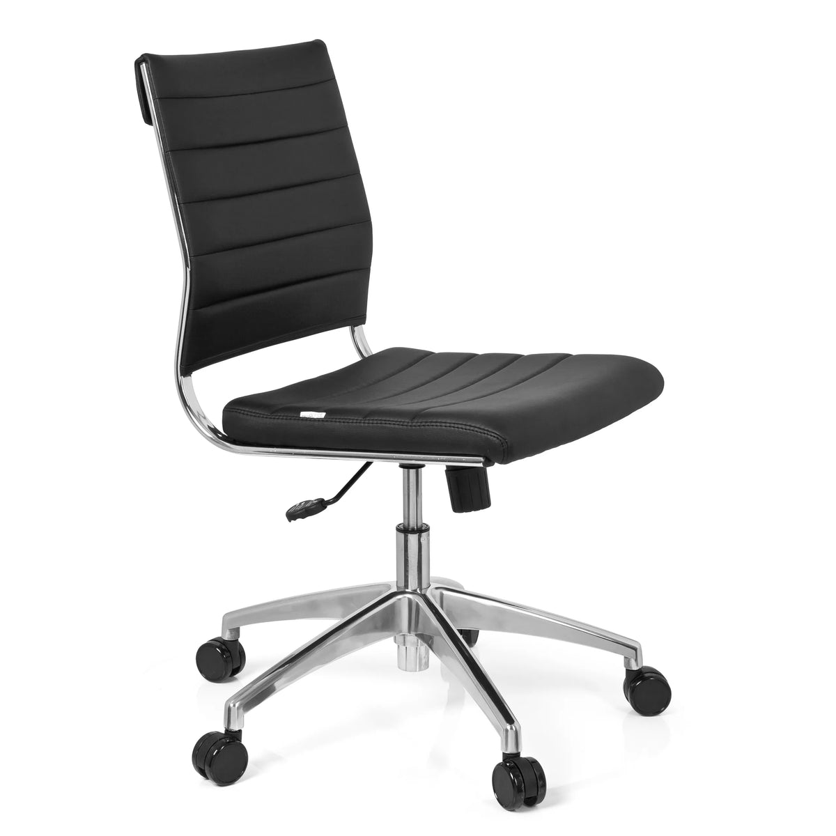 Sedia da ufficio professionale TRISHA nera con imbottitura trapuntata e base a cinque ruote di hjh OFFICE – vista a 360° (vista frontale a tre quarti 60°)