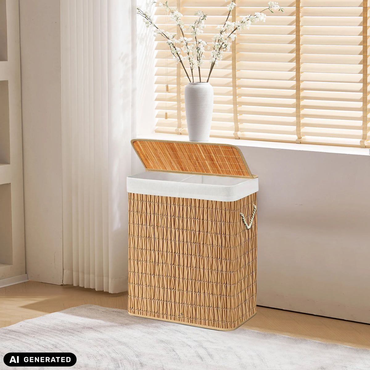 Cesto per il bucato FALSTER XL R in vimini marrone con sacco interno bianco e coperchio di hjh LIVING (immagine generata dall’IA)