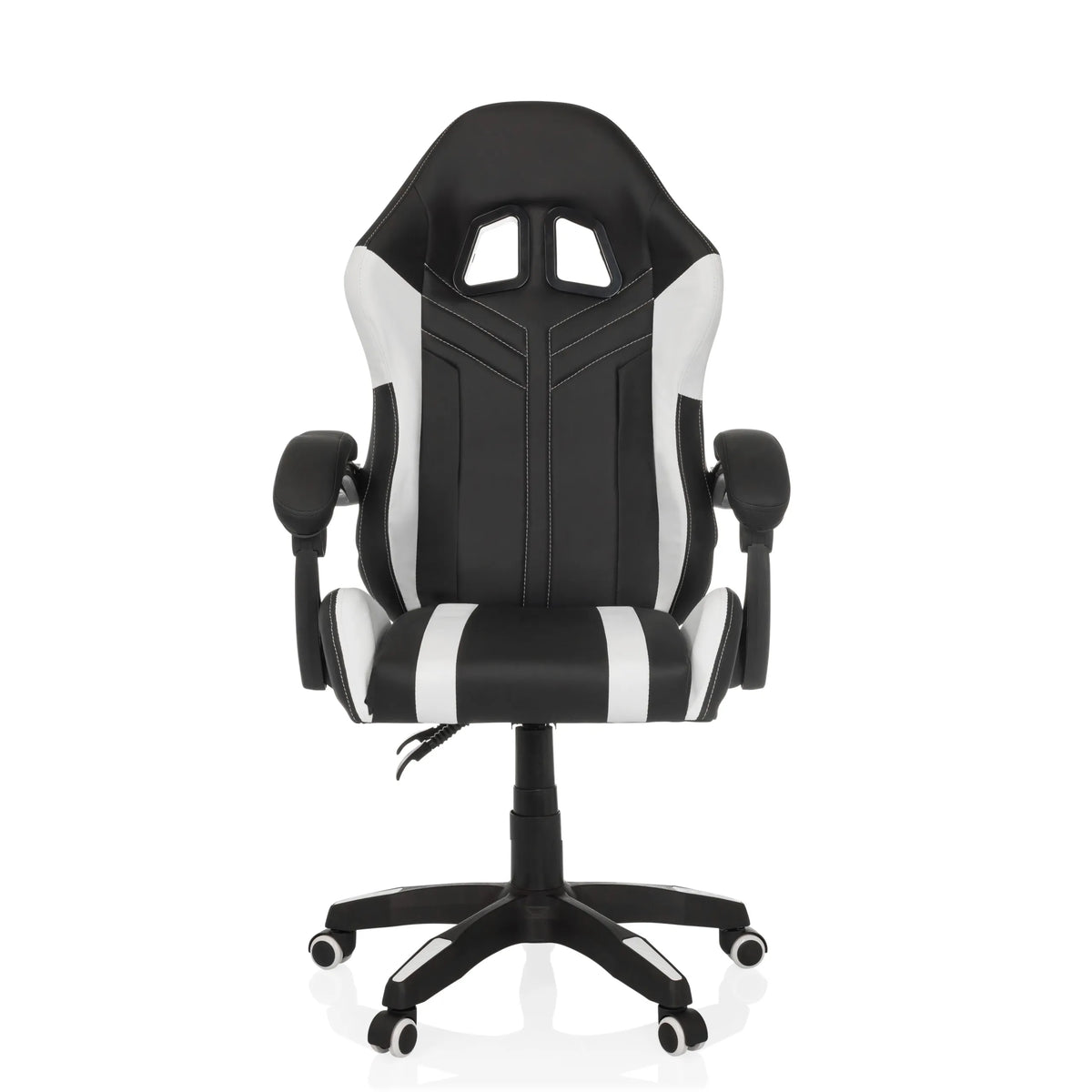 Sedia da gaming GAMEBREAKER W02 bianca e nera con base a cinque ruote di MyBuero – vista a 360° (vista frontale 0°)