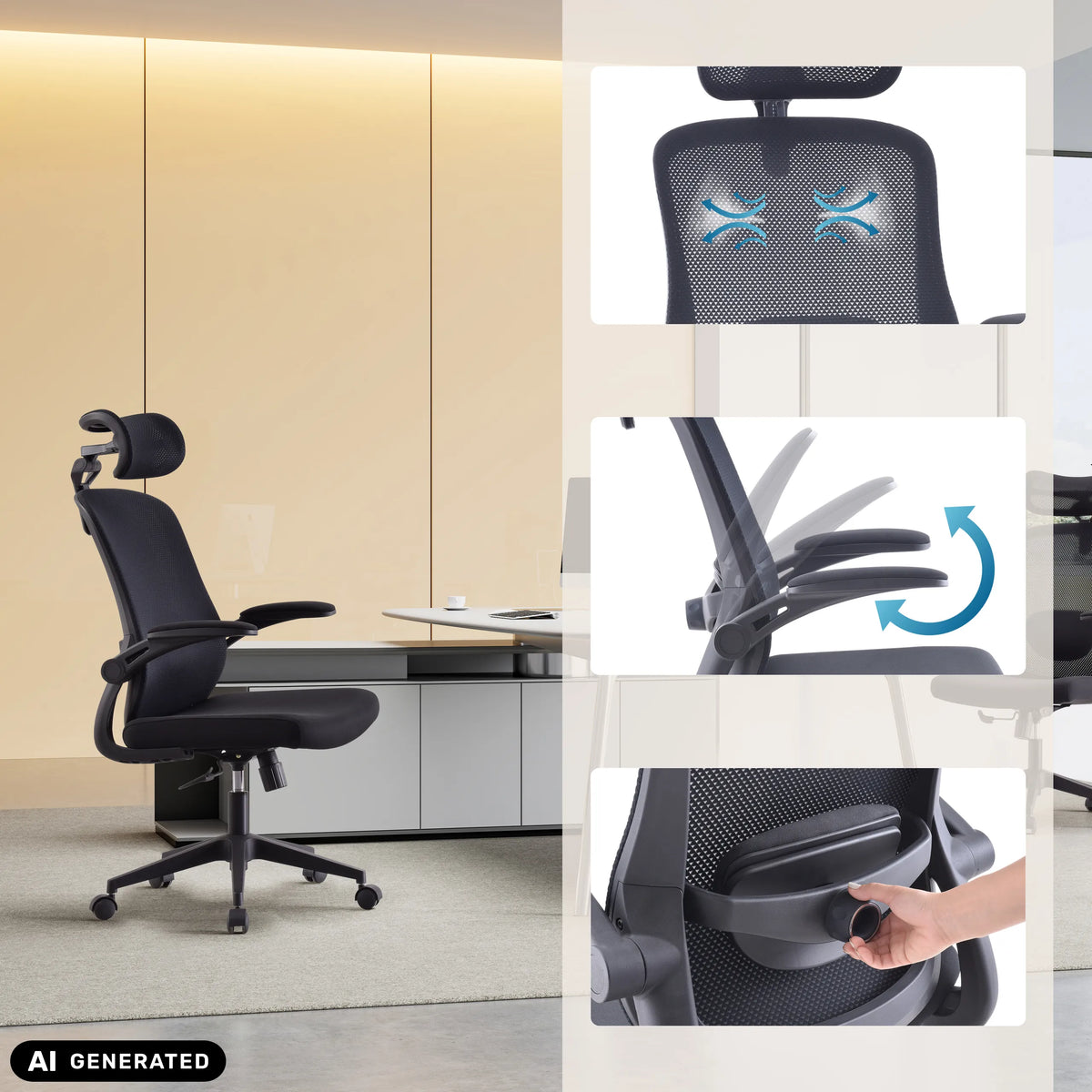 Sedia Home Office Vertuflex con poggiatesta e braccioli regolabili in nero di MyBuero (immagine generata dall’IA)