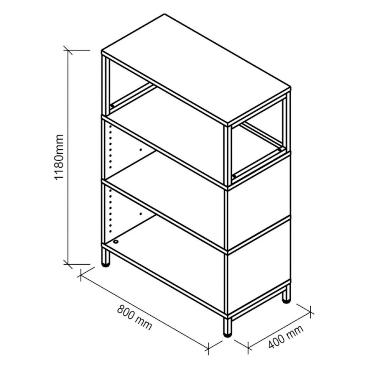 Disegno tecnico dello scaffale FlexWall con dimensioni 800 x 400 mm e un'altezza di 1180 mm di hjh OFFICE PRO