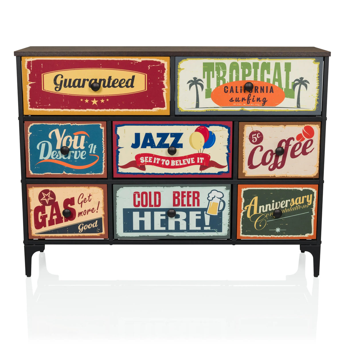Cassettiera AMERIKO B con sei cassetti vintage stampati colorati e gambe nere di hjh LIVING – vista a 360° (vista frontale 0°)