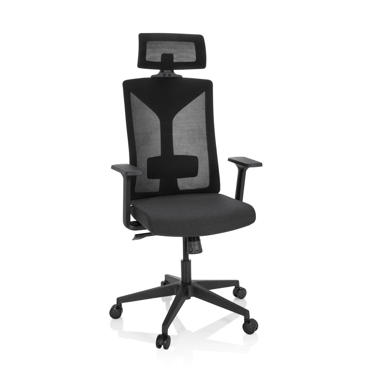 Sedia da ufficio professionale KODIAK nera con schienale in rete, poggiatesta e base a cinque ruote di hjh OFFICE – vista a 360° (vista frontale 20°)