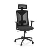 Sedia da ufficio professionale KODIAK nera con schienale in rete, poggiatesta e base a cinque ruote di hjh OFFICE – vista a 360° (vista frontale 20°)