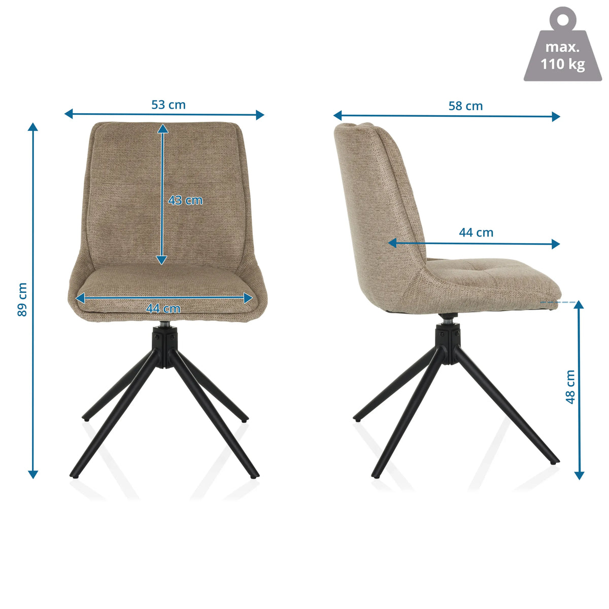 Disegno tecnico della Sedia imbottita TARVISO I con un'altezza totale di 89 cm e una larghezza della seduta di 44 cm di hjh LIVING