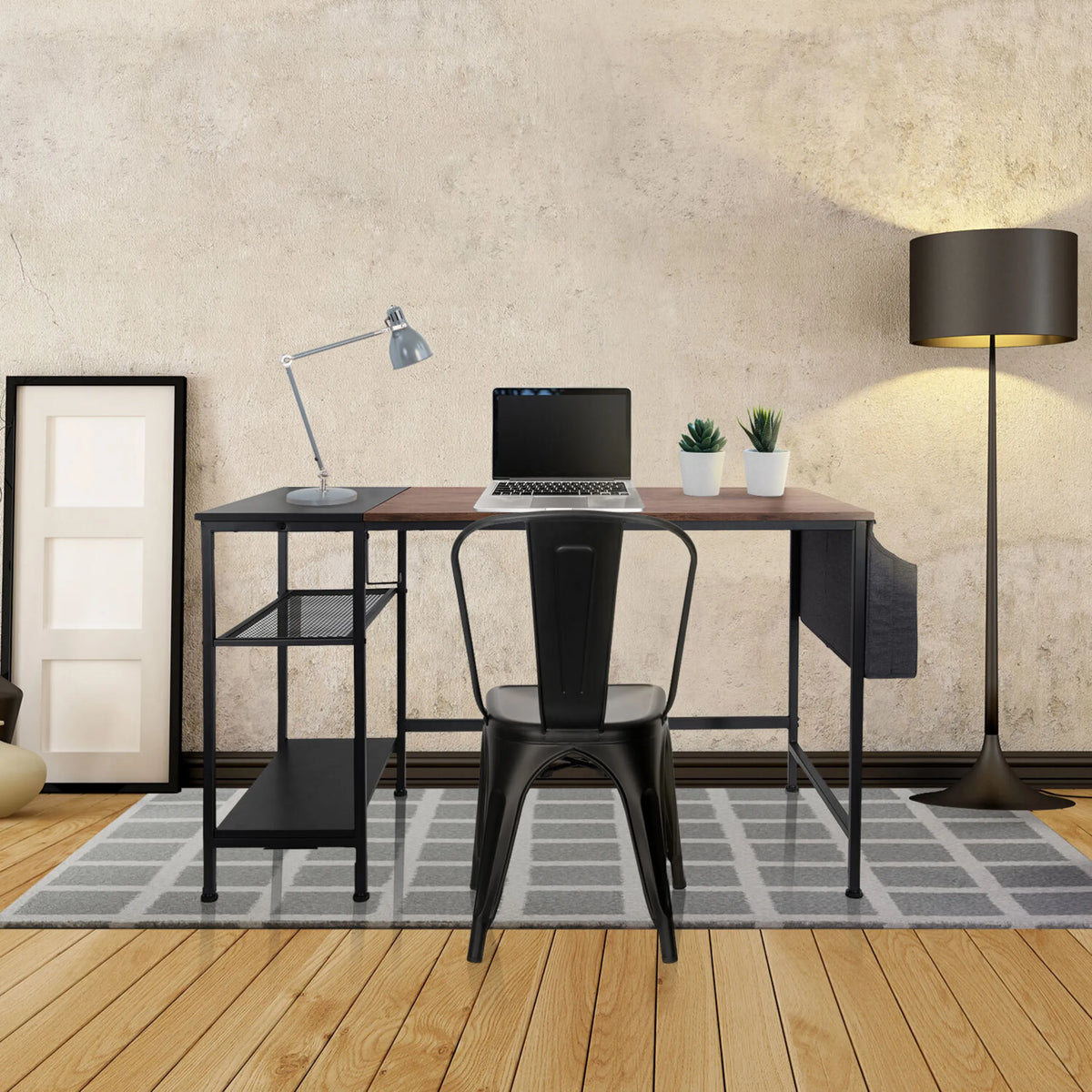 Scrivania WORKSPACE H I in nero e marrone con scaffale e vano portaoggetti integrati di hjh OFFICE