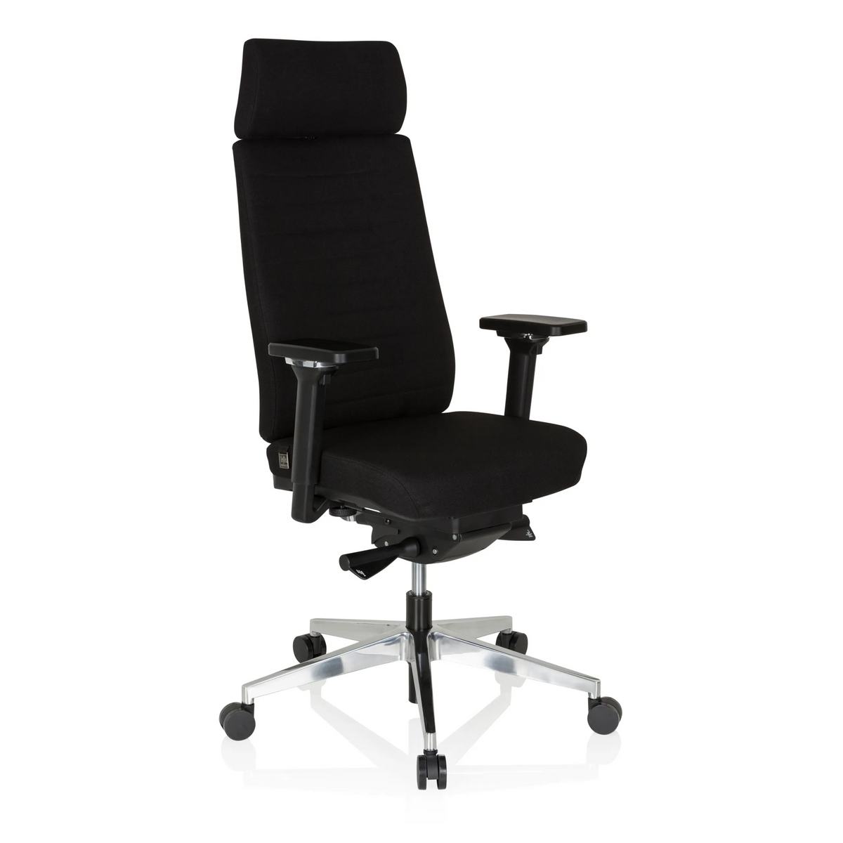 Sedia da ufficio professionale MOVE-TEC PRO 3D nera con poggiatesta e base a cinque ruote di hjh OFFICE – vista a 360° (vista frontale a tre quarti 40°)
