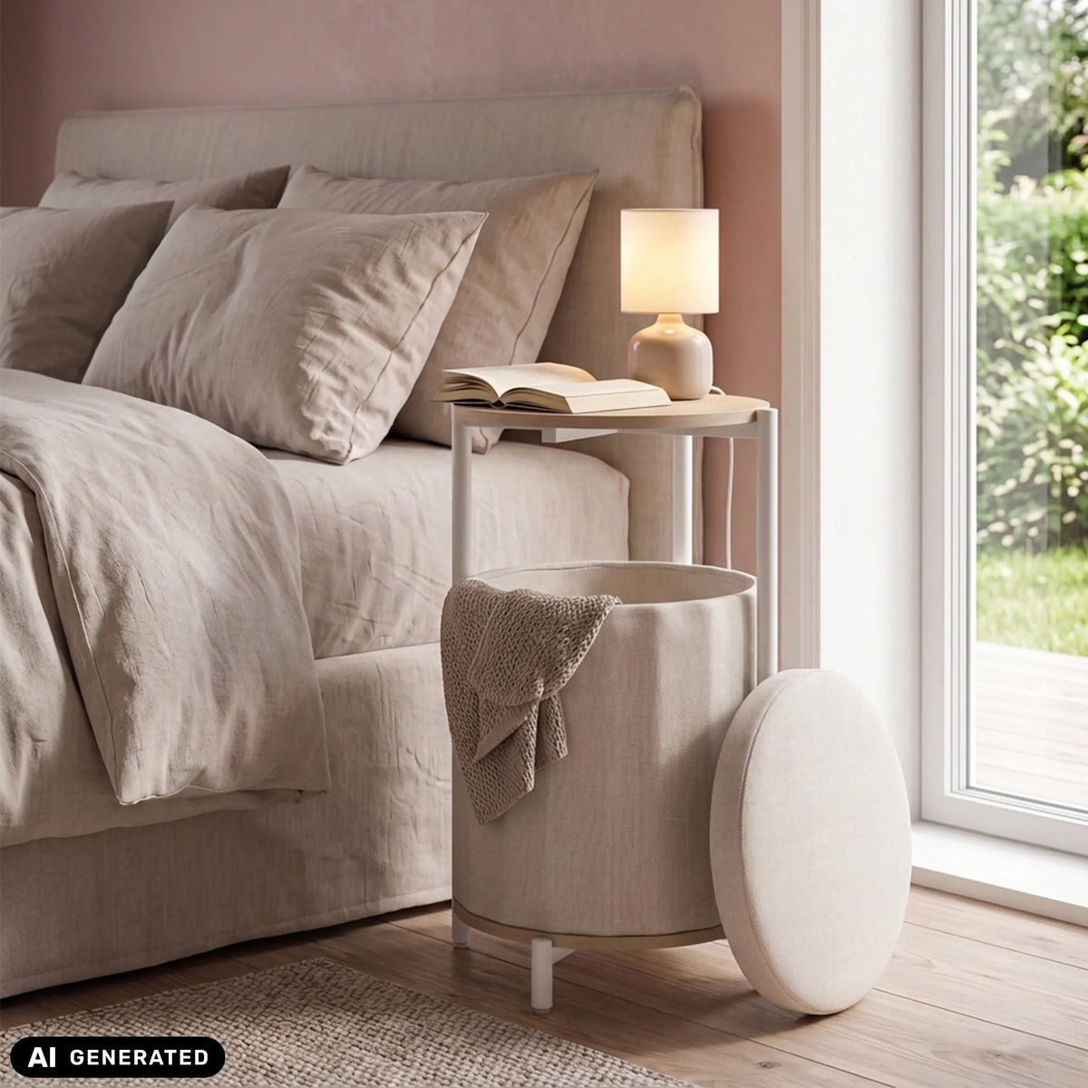 Tavolino Nestup 1 in bianco e rovere accanto a un letto di hjh LIVING (immagine generata dall’IA)