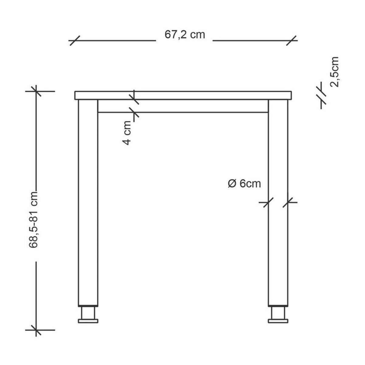 Disegno dimensionale della scrivania HILO 614 S con larghezza di 67,2 cm e altezza di 68,5-81 cm di hjh OFFICE PRO