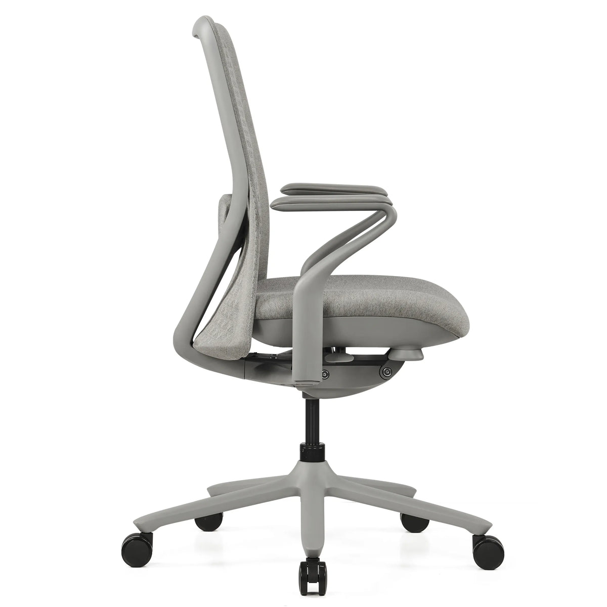 High-end Sedia da ufficio VERVIO grigia in vista laterale con base a ruote e braccioli di hjh OFFICE