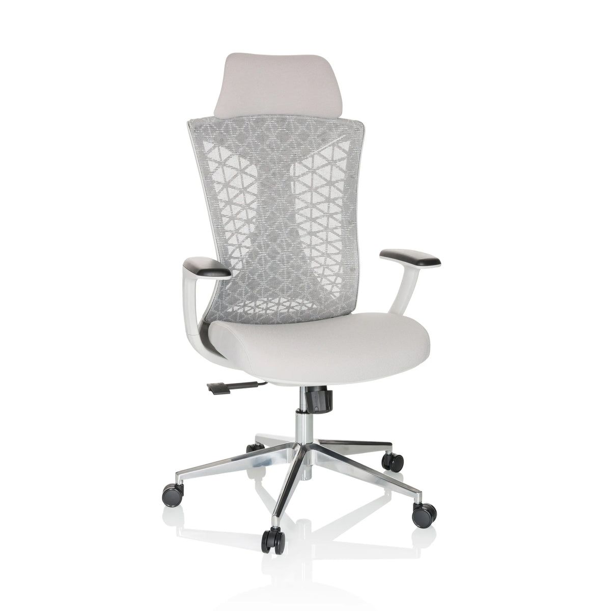 Sedia da ufficio professionale FALEO W grigia con schienale in rete e base a cinque ruote di hjh OFFICE – vista a 360° (vista frontale 15°)