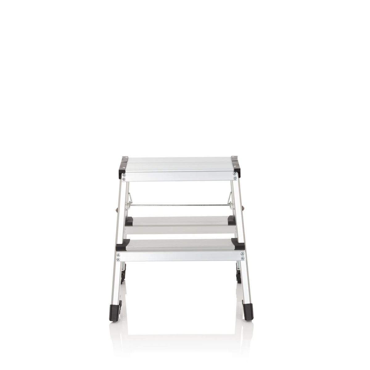 Scala richiudibile SOLID VI in alluminio argentata con due gradini di hjh OFFICE – vista a 360° (vista frontale 0°)