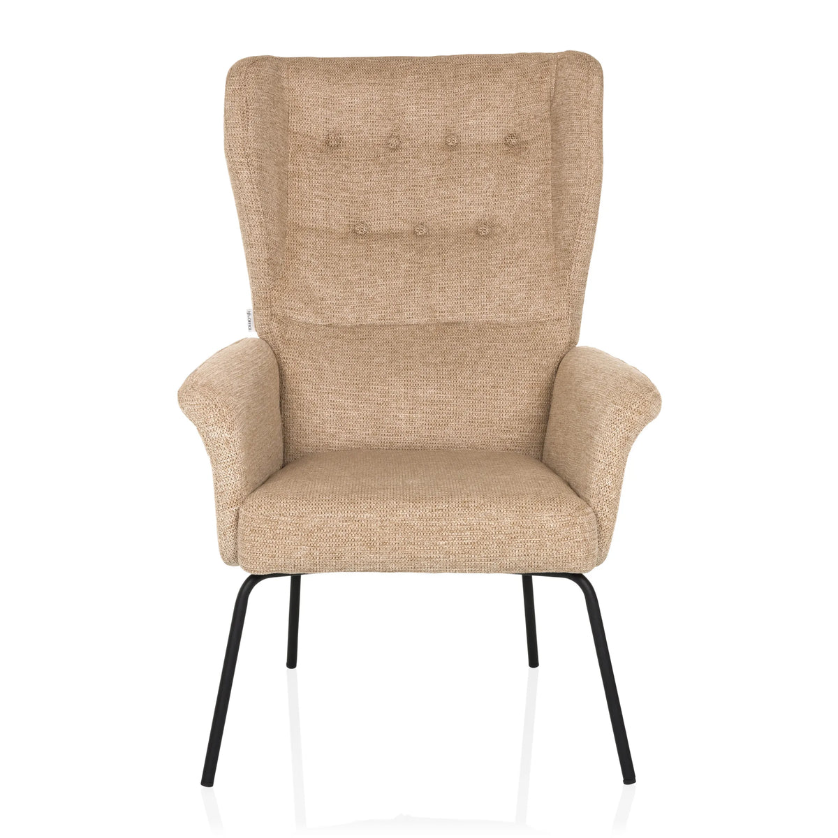 Poltrona imbottita beige HAVENIO con trapuntatura a bottoni, braccioli e gambe in metallo nero di hjh LIVING – vista a 360° (vista frontale 0°)
