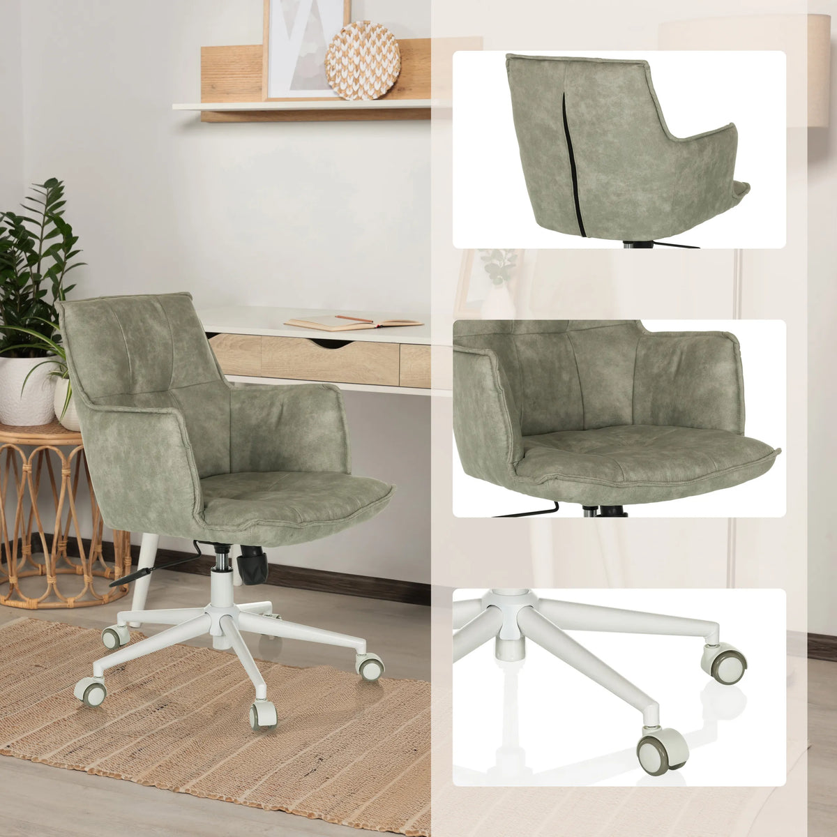 Sedia Home Office SOLAO LIFE W grigia con viste dettagliate dell'imbottitura e base bianca con rotelle di hjh LIVING