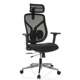 High-end Sedia da ufficio CASSILIS B nera con schienale in rete e base a cinque ruote di hjh OFFICE – vista a 360° (vista frontale a tre quarti 30°)