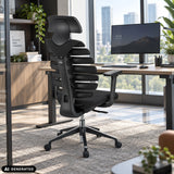Sedia da ufficio professionale ERGO LINE II PRO nera con schienale in rete e poggiatesta di hjh OFFICE (immagine generata dall’IA)