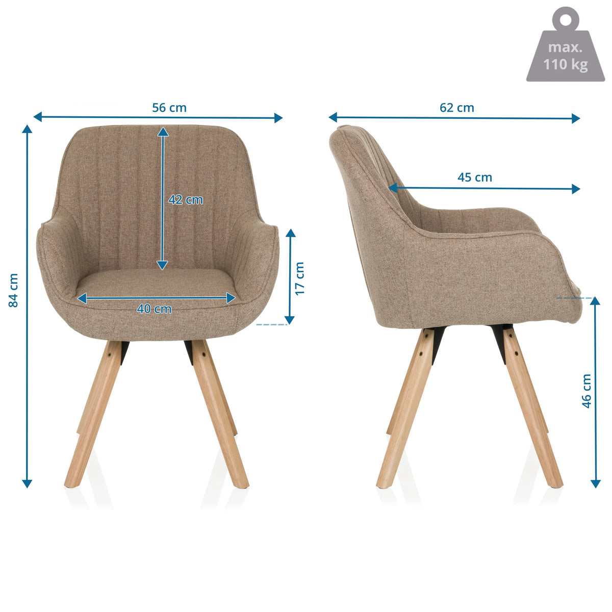 Disegno tecnico della Sedia imbottita SCANDI SOFT con un'altezza di 84 cm e una larghezza di 56 cm di hjh LIVING