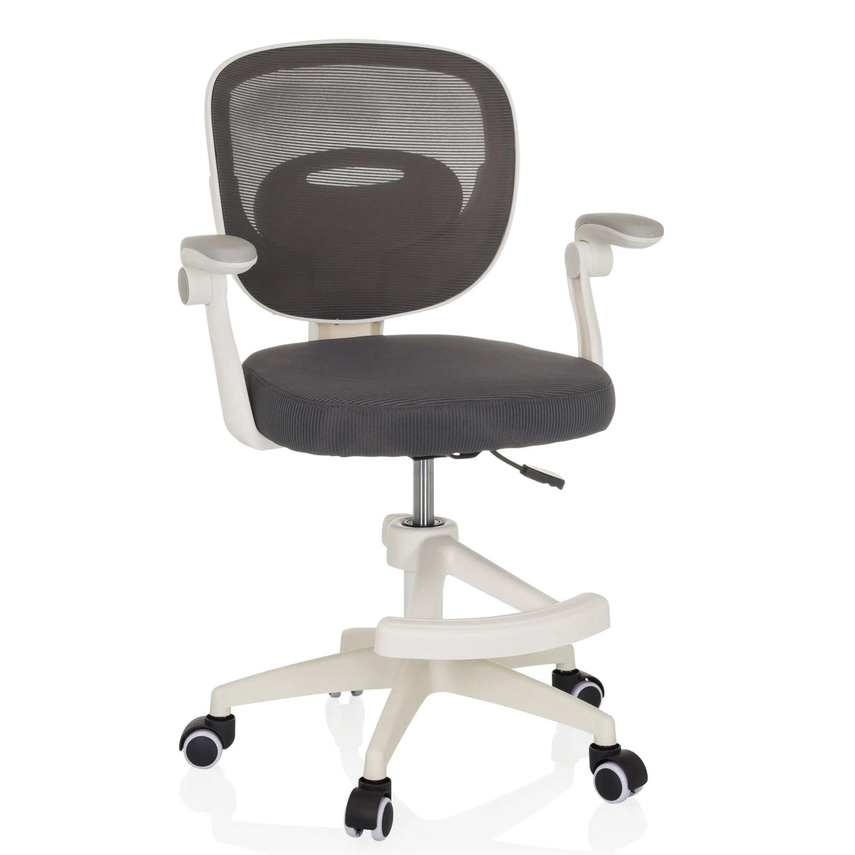 Sedia girevole per bambini KIDDY SMART grigia con schienale in rete e base bianca a cinque ruote di hjh OFFICE – vista a 360° (vista frontale 15°)