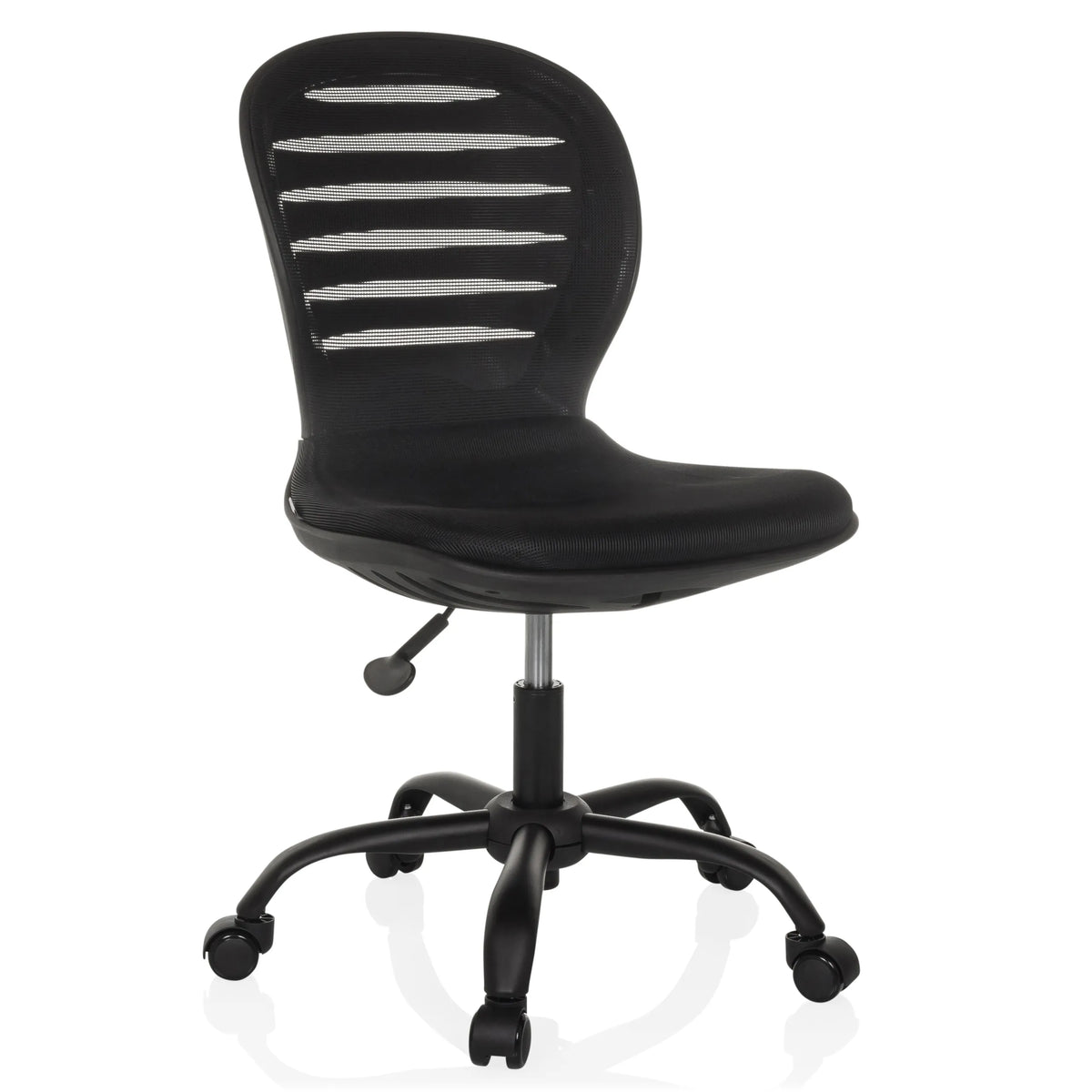 Sedia Home Office CASLA nera con schienale in rete e base a cinque ruote di hjh OFFICE – vista a 360° (vista frontale a tre quarti 30°)
