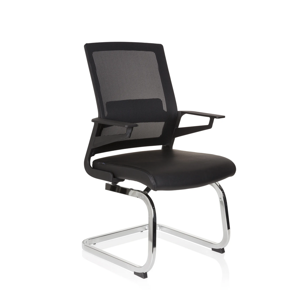 Sedia a sbalzo INVENTOR V PRO nera con schienale in rete, braccioli e base a slitta di hjh OFFICE – vista a 360° (vista frontale a tre quarti 40°)