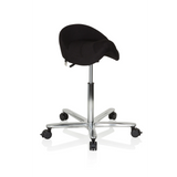 Sgabello a sella MOVE-TEC 3D PRO I nero con base a cinque ruote di hjh OFFICE – vista a 360° (vista frontale a tre quarti 40°)