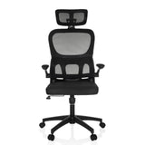 Sedia Home Office ERGOMY FLEX nera con schienale in rete, poggiatesta e base a cinque ruote di MyBuero – vista a 360° (vista frontale 0°)